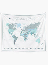 Load image into Gallery viewer, Adventure Awaits World Map in Teal Tapestry Wall Hanging Art Decor