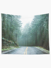 Load image into Gallery viewer, Forest Road Trip - Foggy Day Fir Trees Pacific Northwest Adventure Tapestry Wall Hanging Art Decor
