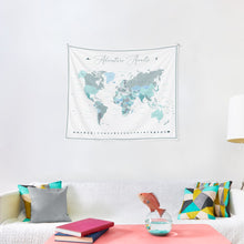 Load image into Gallery viewer, Adventure Awaits World Map in Teal Tapestry Wall Hanging Art Decor