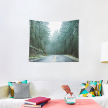Load image into Gallery viewer, Forest Road Trip - Foggy Day Fir Trees Pacific Northwest Adventure Tapestry Wall Hanging Art Decor